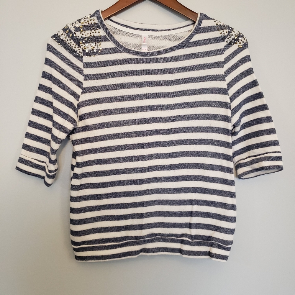 ⭐GIRLS Xhiliration Grey & White Striped Sparkle Shoulder T Shirt Girls 14/16